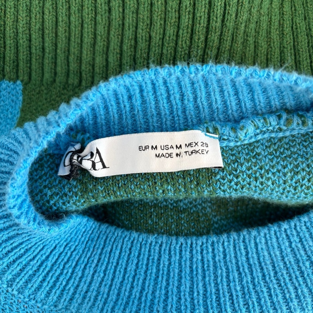 Zara Mushroom Toadstool Knit Sweater Size Medium Blue Green Pullover - Picture 8 of 10